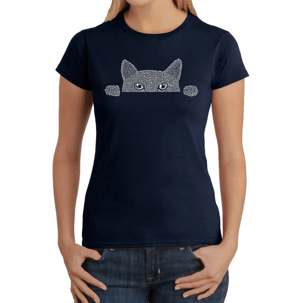 Womens LA Pop Art Peeking Cat - Word Art T-Shirt