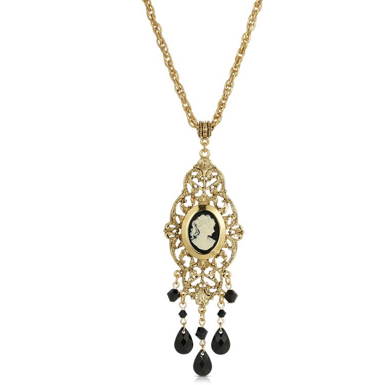 1928 Gold Tone Black Oval Cameo Locket Necklace