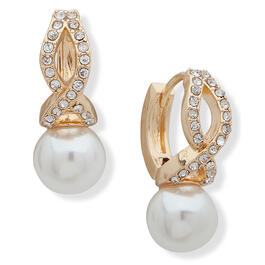 Anne Klein Gold-Tone Pearl Crystal X Pave Hoop Earrings