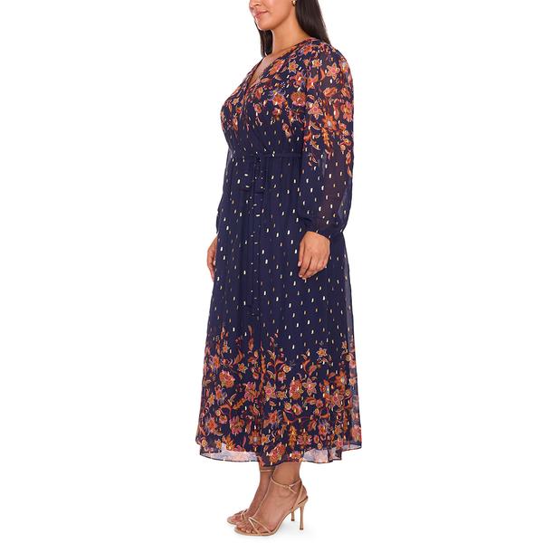 Plus Size MSK Long Sleeve V-Neck Floral Wrap Dress