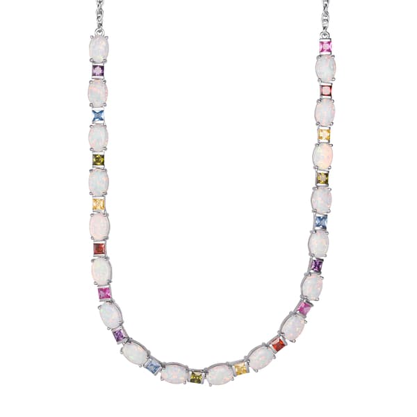 Rhodium Plated Rainbow CZ & Created Opal Tennis Necklace - image 