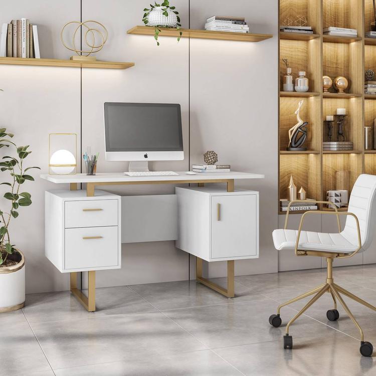 Techni Mobili 51in. White & Gold Office Desk w/Drawers & Storage