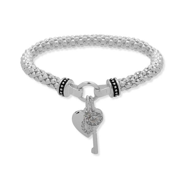 Nine West Silver-Tone & Crystal Heart & Key Charm Bracelet - image 