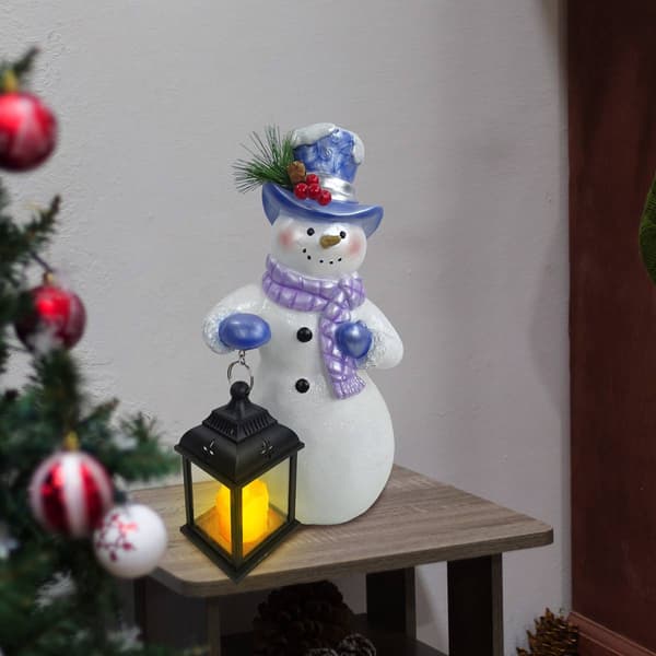 Alpine Lavender Winter LED Snowman Holding Lantern Statue