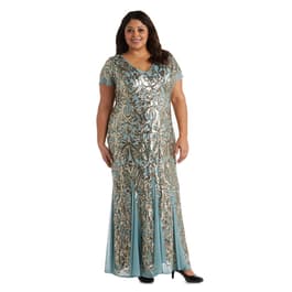 Plus Size R&M Richards Long Beaded Evening Sheath Dress - Slate