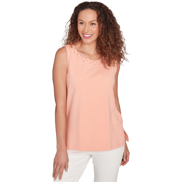 Plus Women''s Embroidered Scallop Scoop Neck Solid Knit Tank