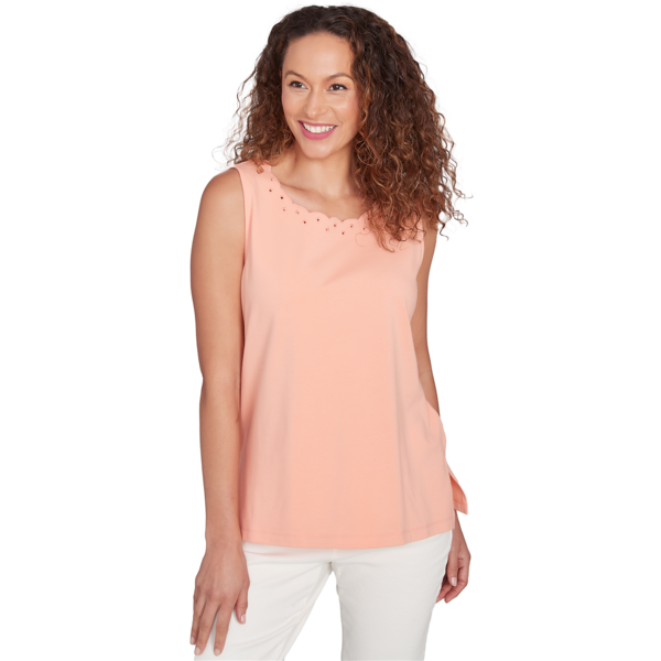 Plus Women''s Embroidered Scallop Scoop Neck Solid Knit Tank - image 