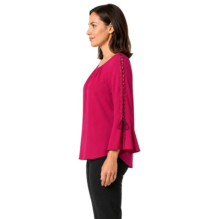 Womens Zac & Rachel 3/4 Lace Sleeve Solid Blouse