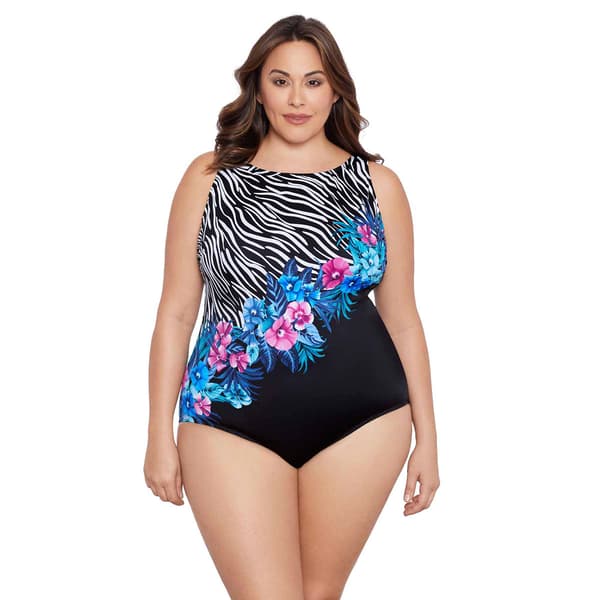 Plus Size Longitude Panel Scoop Back High One Piece Swimsuit