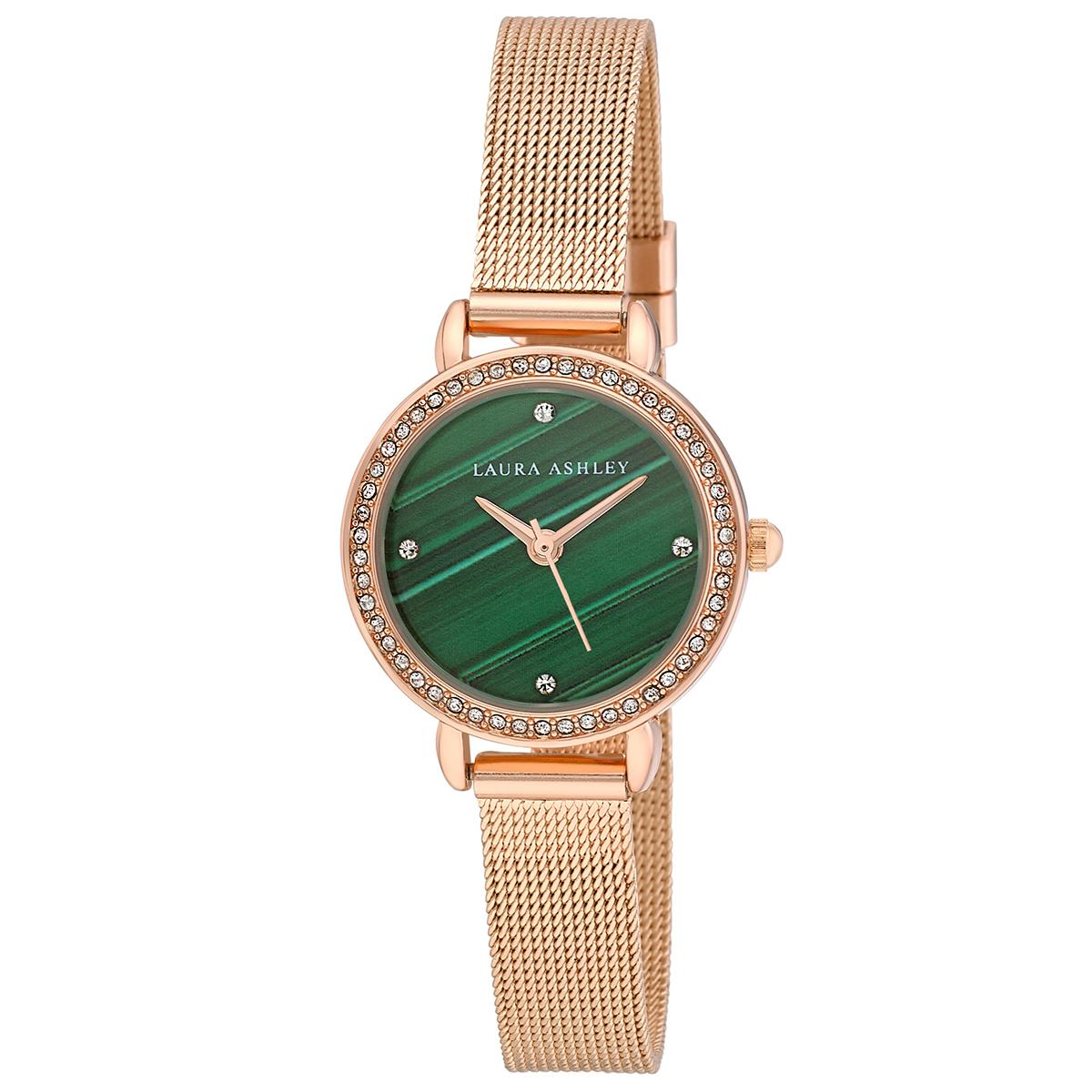 Womens Laura Ashley® Green Dial/Rose Mesh Strap...