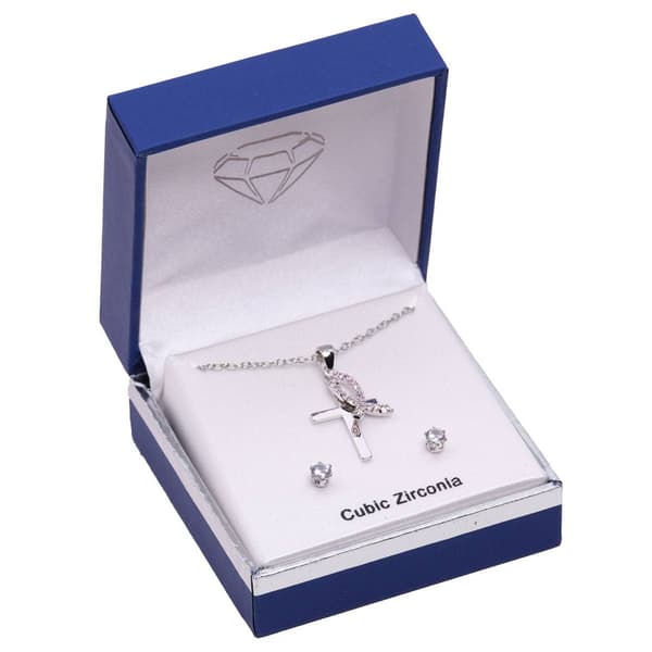 Silver-Tone CZ Pink Ribbon Cross Pendant Earring Set - image 