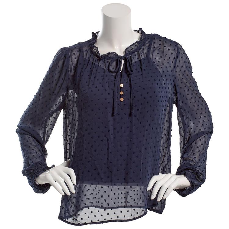 Juniors A. Byer Long Sleeve Clip Dot Tie Neck Blouse