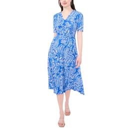 Womens MSK Short Sleeve V-Neck Print ITY Midi Dress