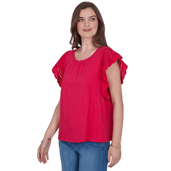 Womens Ruby Rd. Tropical Noir Crochet Cap Sleeve Blouse