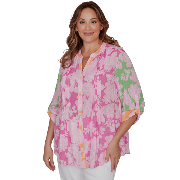 Plus Size Ruby Rd. Hothouse Florals Roll Tab Sleeve Blouse