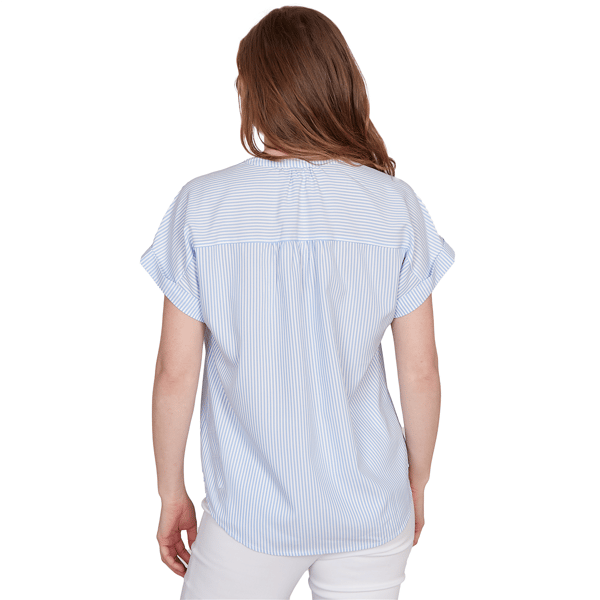 Petite Hearts of Palm Aqua Fresh Short Sleeve Stripe Blouse