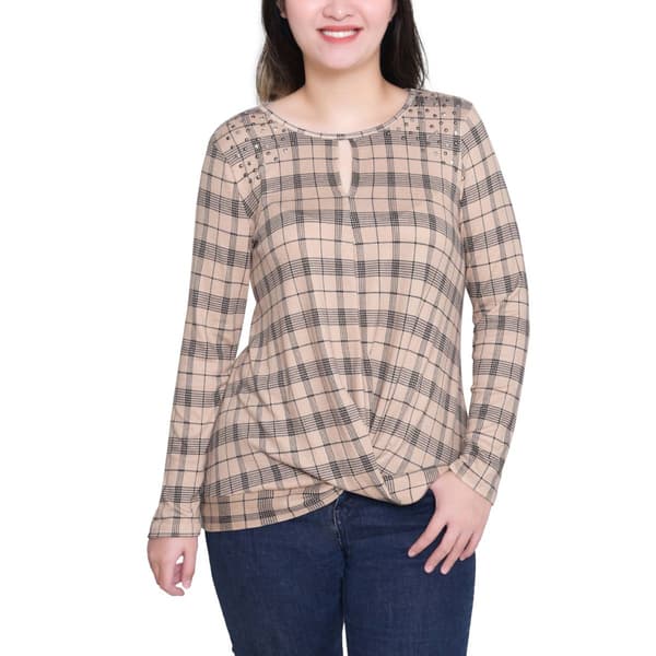 Womens NY Collection Twist Front Plaid Keyhole Blouse