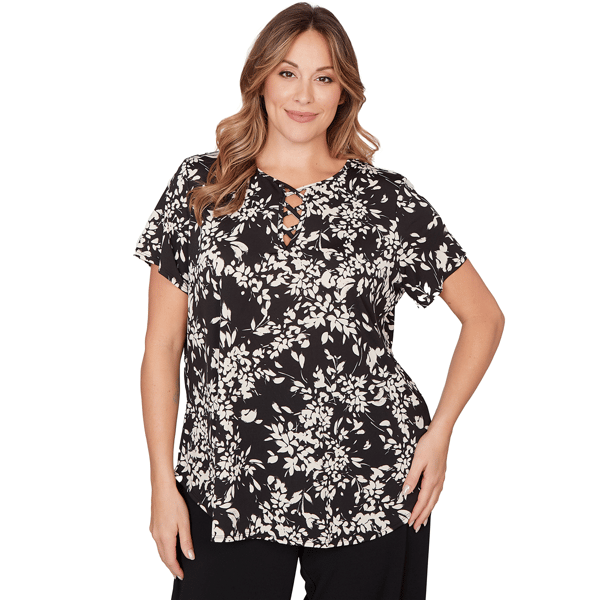 Plus Size Emaline Key Items Short Sleeve Laced Notched Neck Flor - image 