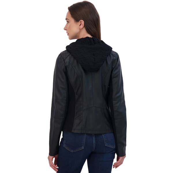Womens Sebby Faux Leather Jacket w/Scuba Side & Knit Hood