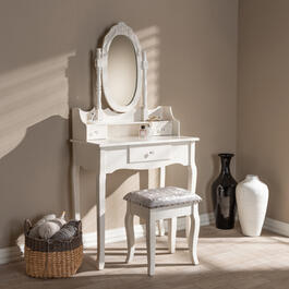 Baxton Studio Veronique Vanity Table with Mirror and Ottoman