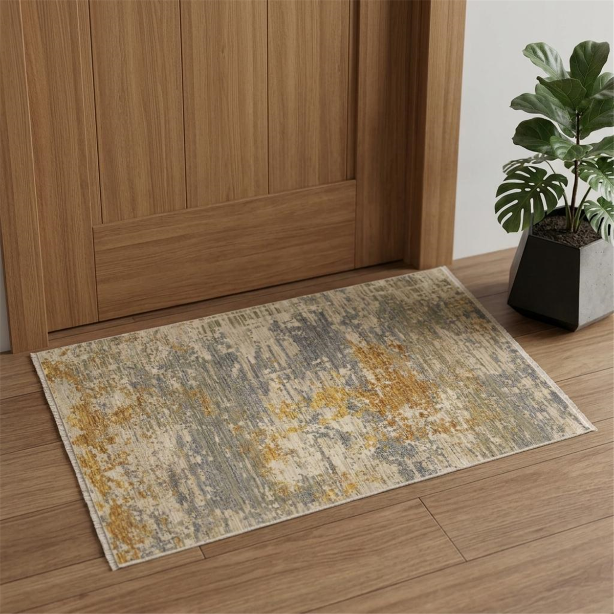 HomeRoots Modern Beige & Gold Abstract Area Rug with Fringe