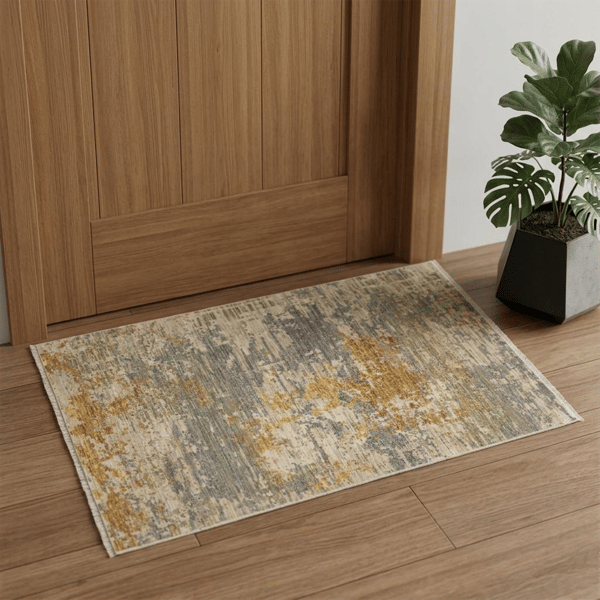 HomeRoots Beige & Gold Abstract Area Rug With Fringe - image 