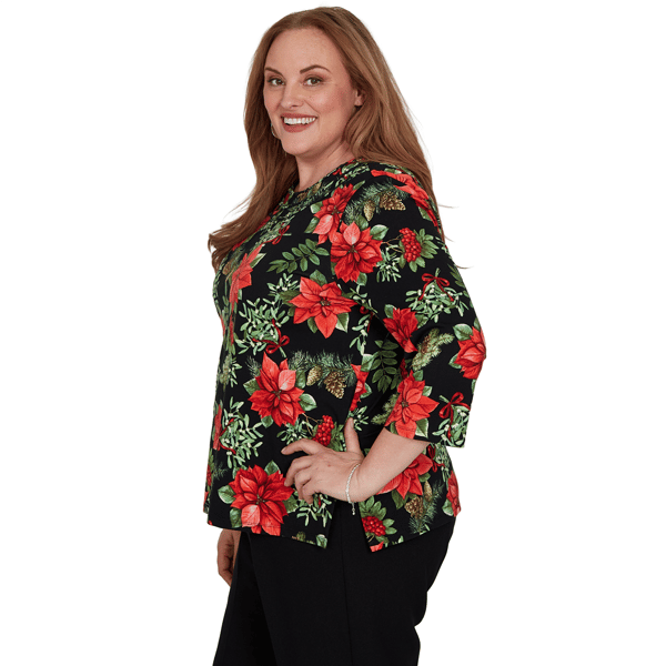 Plus Size Alfred Dunner Classics 3/4 Sleeve Poinsettia Blouse