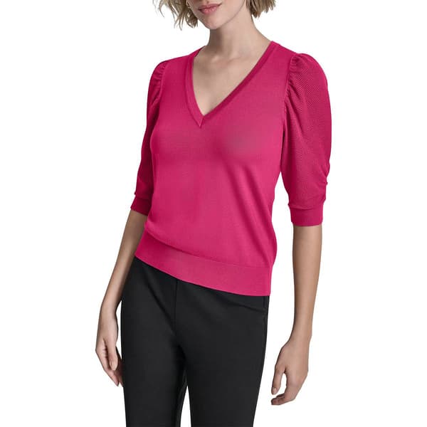 Womens DKNY Sport Short Puff Twist Sleeve V-Neck Sweater - image 