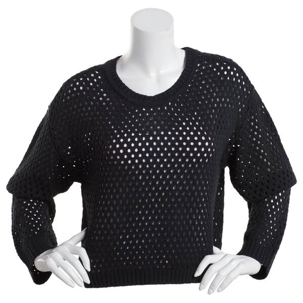 Juniors No Comment Hollow Long Sleeve Crochet Sweater - image 