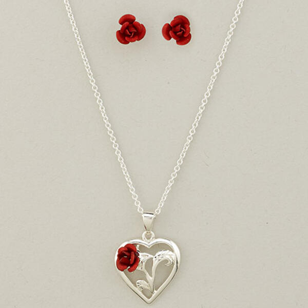 Sterling Silver Heart Rose Pendant & Earrings Set - image 