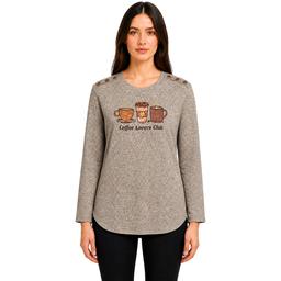 Womens Tru Self Long Sleeve Button Shoulder Coffee Patchwork Tee