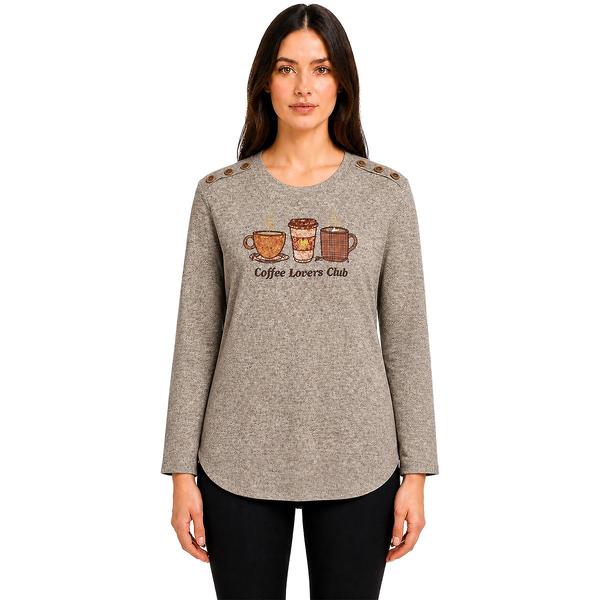 Womens Tru Self Long Sleeve Button Shoulder Coffee Patchwork Tee