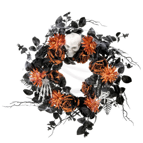National Tree 24in. Halloween Skull and Rose Wreath - image 