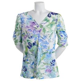 Womens Premise 3/4 Sleeve Shirred V-Neck Seaside Bloom Top