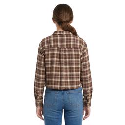 Juniors No Comment Cropped Plaid Flannel Shirt- Brown