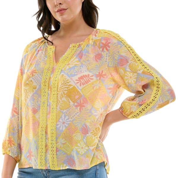 Womens Zac & Rachel 3/4 Sleeve Patchwork Lace Trim Blouse