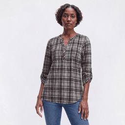 Womens Notations 3/4 Sleeve Plaid Pleat Blouse - White
