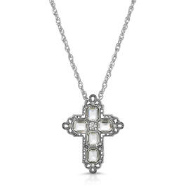 1928 Pewter Rectangle Clear Crystal Cross Necklace