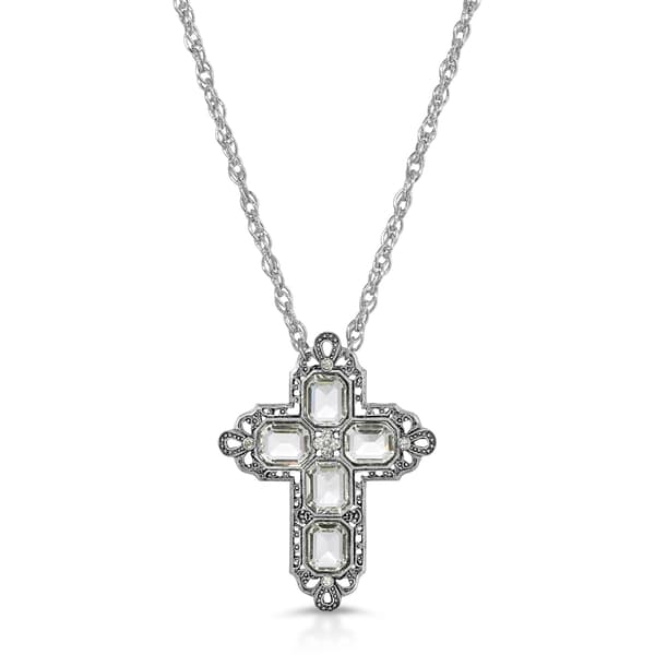 1928 Pewter Rectangle Clear Crystal Cross Necklace - image 