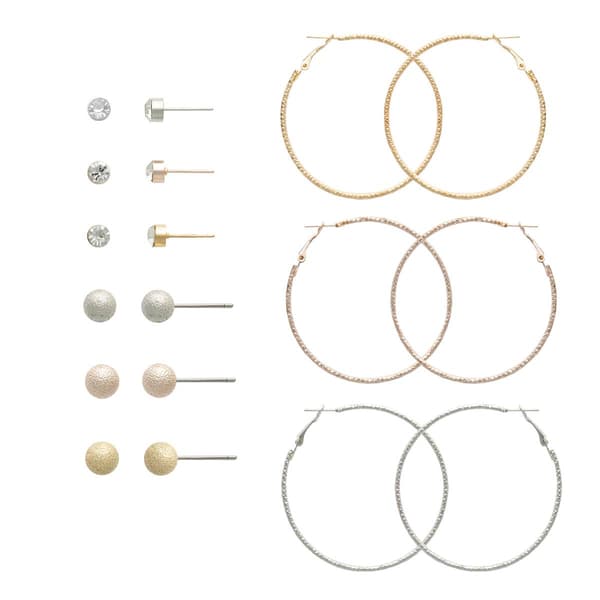 Ashley 9pr. Tri-Tone Ball Stud & Hoop Earrings Set - image 