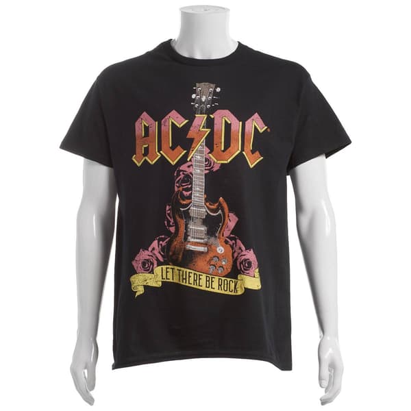 Young Mens ACDC Guitar Wings & Roses Graphic Tee - image 