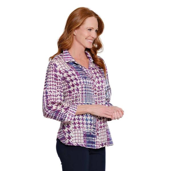 Womens Multiples Roll Sleeve Houndstooth Shimmer Blouse