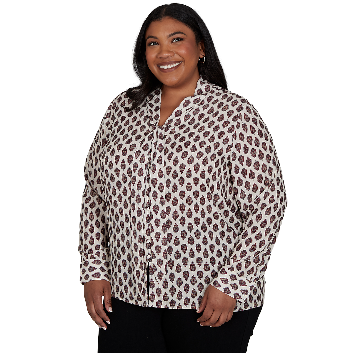 Plus Size Emaline Country Code Tie Neck Medallion Blouse