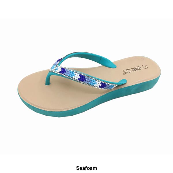 Womens Ashley Blue Beaded Rhinestone Flip Flops