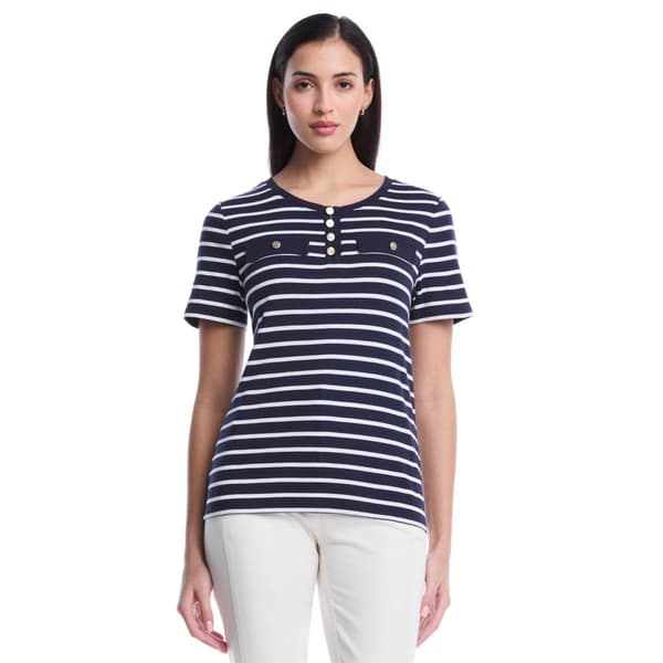 Womens Rafaella(R) Short Sleeve Welt Pocket Button Stripe Top