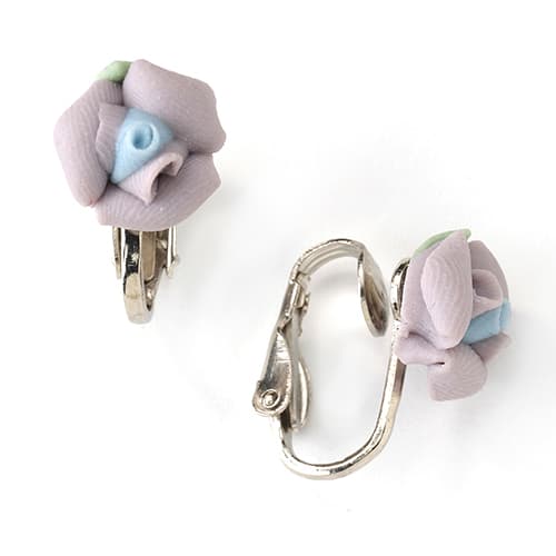 1928 Silver-Tone Lavender Porcelain Rose Clip On Earrings - image 