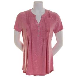 Womens Notations Short Sleeve Solid Texture Jacquard Pleat Henley