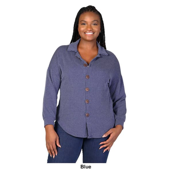 Plus Size 24/7 Comfort Apparel Ribbed Button-Up Collared Shirt