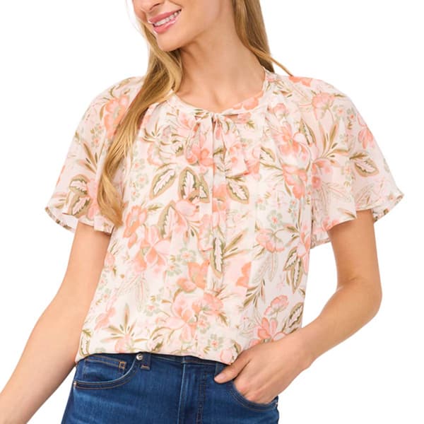 Womens Cece Flutter Sleeve Floral Bow Blouse