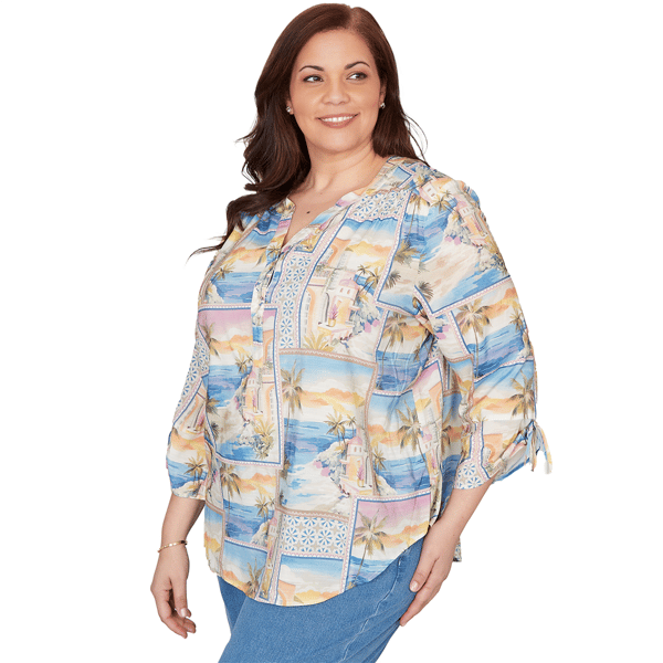 Plus Size Alfred Dunner Beachcomber Postcard Tie Sleeve Blouse